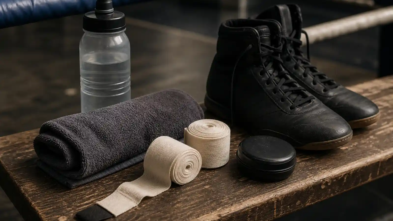 Training kit laid out beside the ring before a boxing session