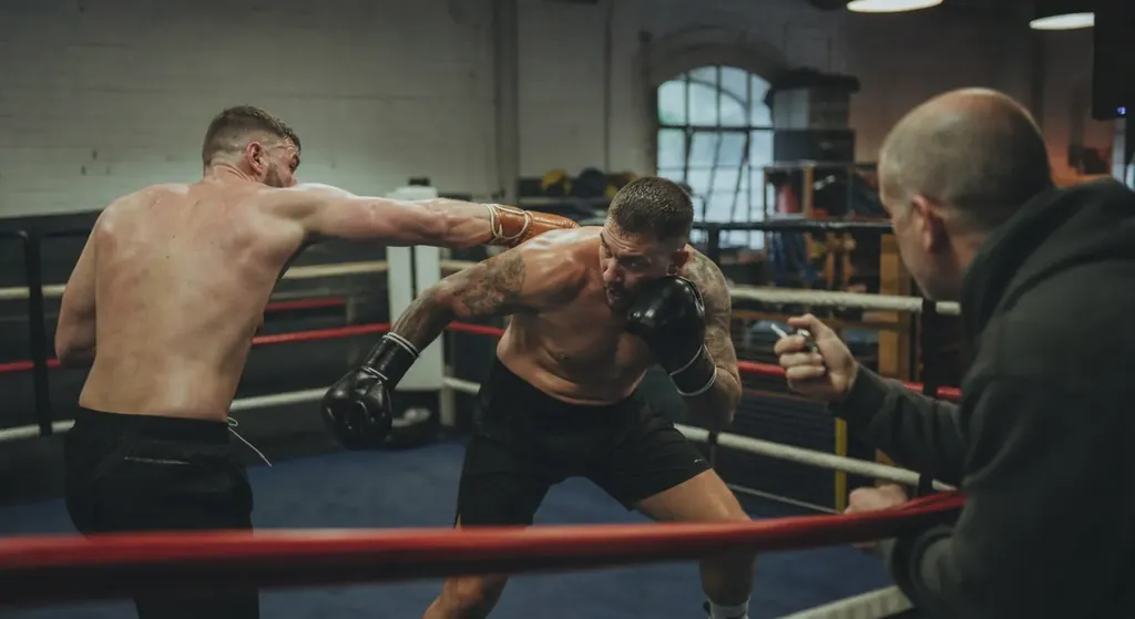 A heavyweight boxer working patiently behind a jab during a realistic gym session