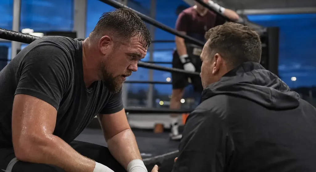 Coach and boxer resetting calmly between rounds in a community boxing gym