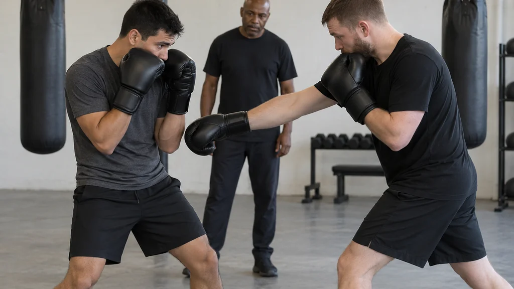 Anonymous adult boxer holding a compact guard with elbows protecting the body line during a controlled body-jab defence drill in a community boxing gym