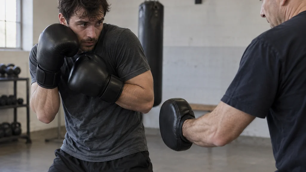Two adult boxers practising a controlled body-jab cover and small exit under a coach's supervision in an unbranded community boxing gym