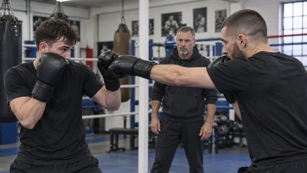 Adult boxer holding a compact guard while a coach presents a focus mitt during a controlled jab-defence drill