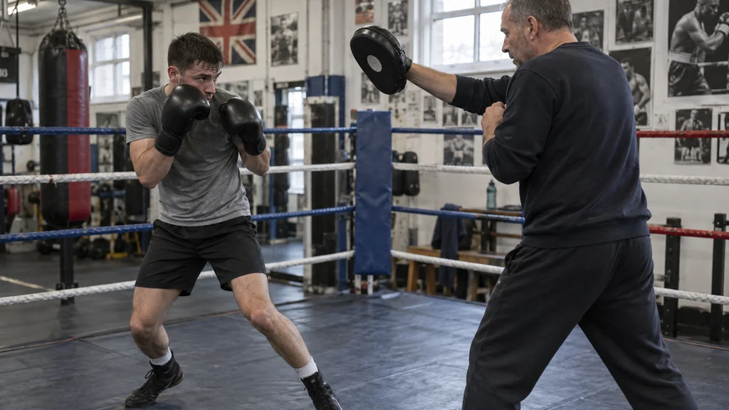 Two adult boxers practising a slow double-jab defence drill as a coach watches their guard and stance