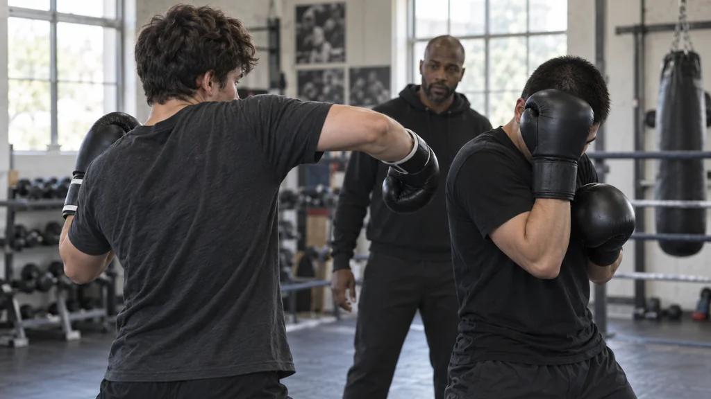 Adult boxer holding a compact high guard while a coach presents a safe hook-height mitt cue in a community boxing gym