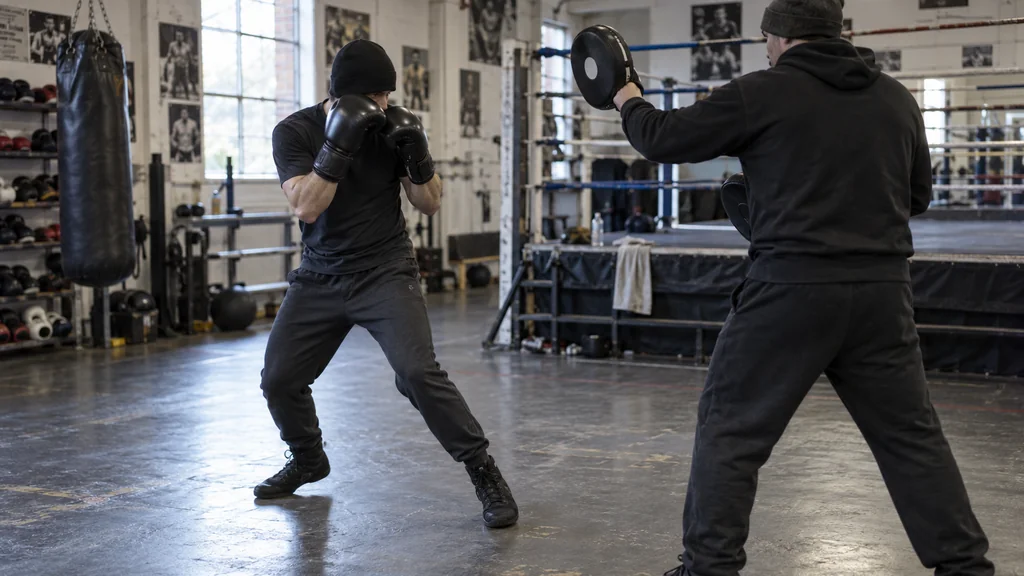 Two adult boxers practising a controlled hook-defence drill while a coach supervises in a community boxing gym
