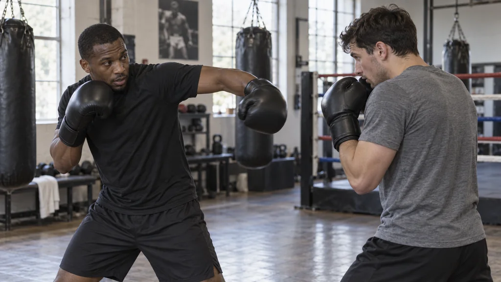 Adult boxer resetting in a balanced stance after a controlled defensive mitt cue in a community boxing gym