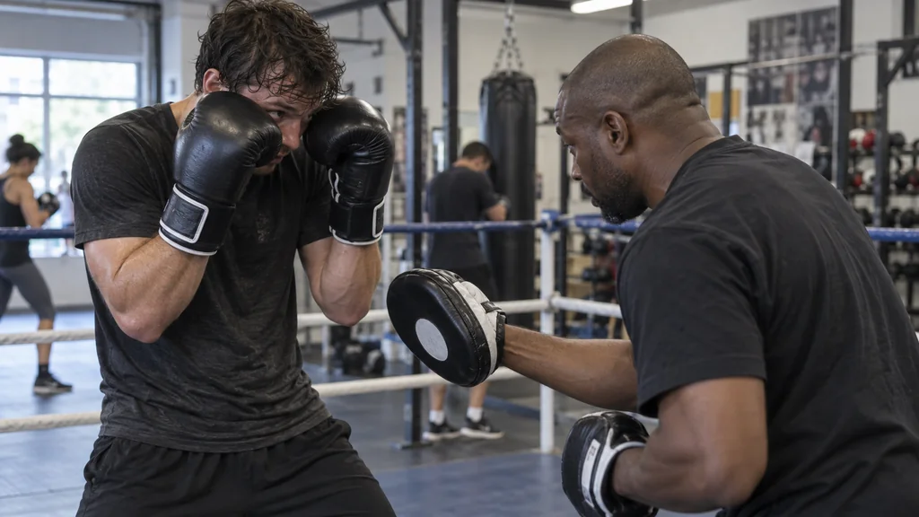 Two adult boxers practising a controlled close-range cover drill with a coach-held low mitt in a community boxing gym