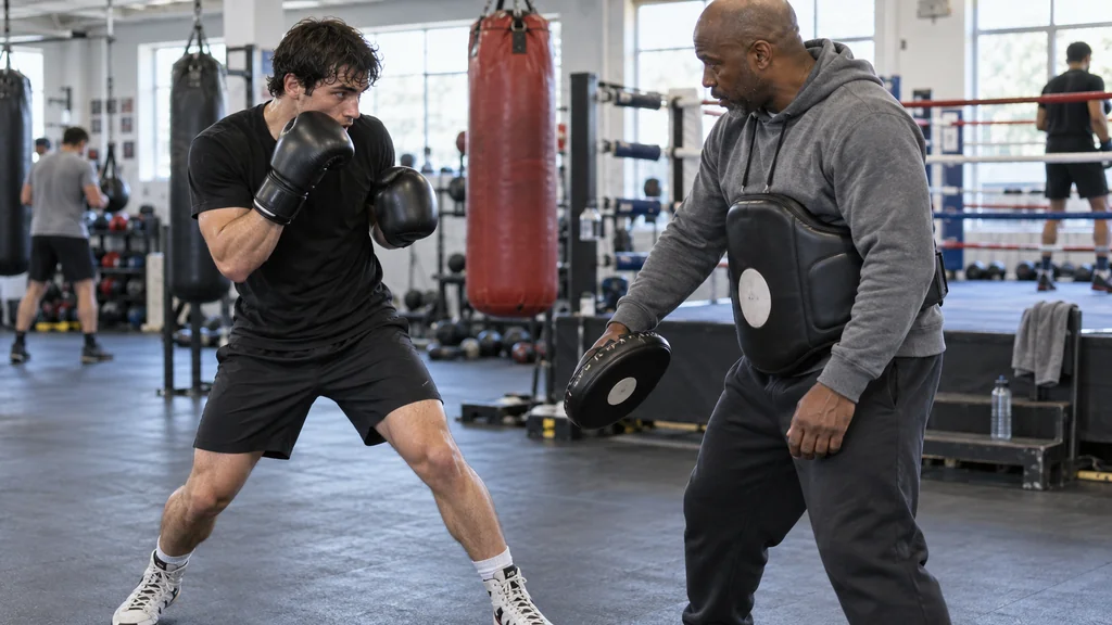 Adult boxer resetting in a balanced stance after a compact cover during a coach-supervised uppercut-defence drill