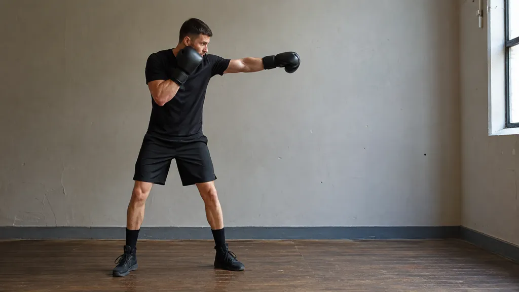 Anonymous adult boxer in a settled stance, showing a small lead-shoulder cue before a jab during shadow boxing