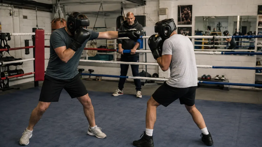 Coach holding a focus mitt as an adult boxer practises a controlled delayed jab with the rear hand near the cheek