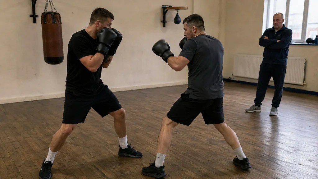 Two anonymous adult boxers using a slow shoulder-feint and response drill at jab range while a coach observes