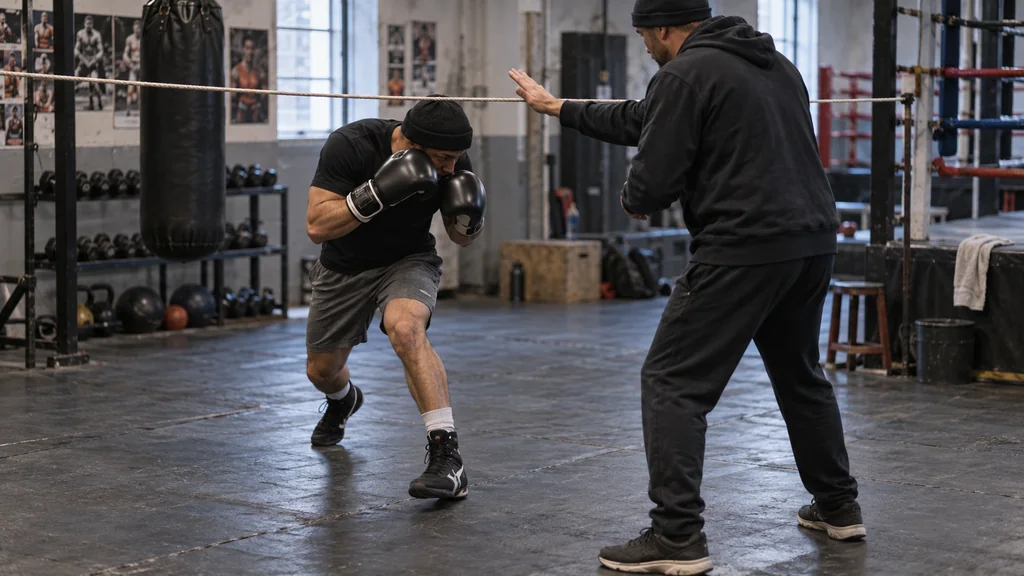 Adult boxer moving diagonally beneath a shoulder-height slip line while a coach observes in a community boxing gym