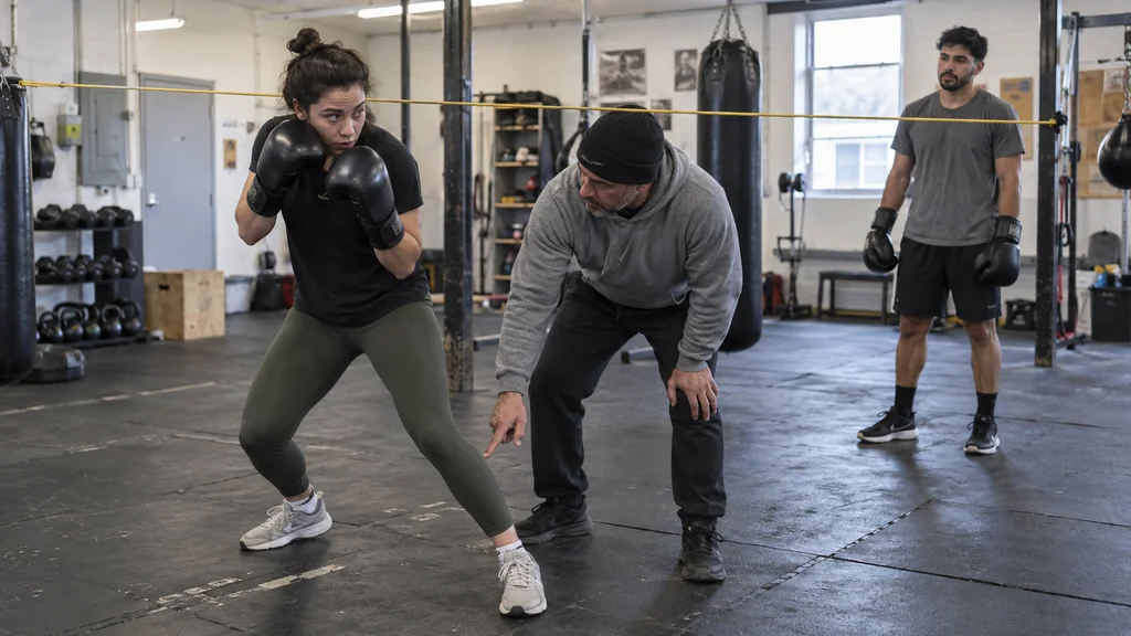 Coach checking an adult boxer keeps a balanced guard while stepping diagonally under a slip line