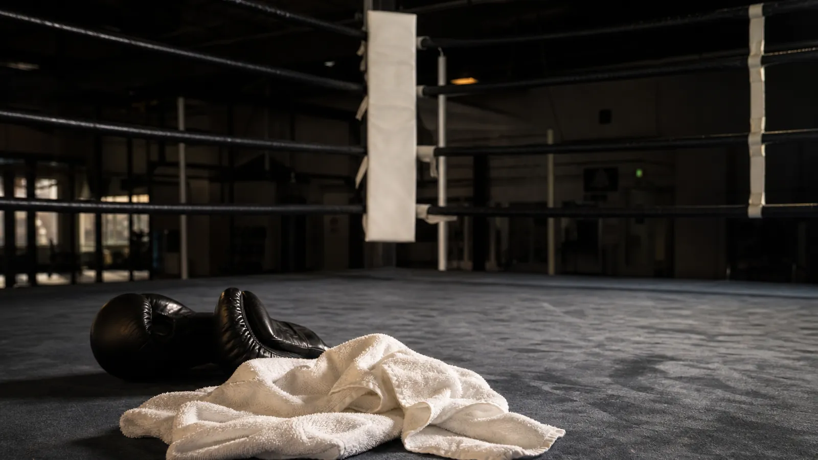 Boxing gloves and towel on an empty ring, representing rules and consequences