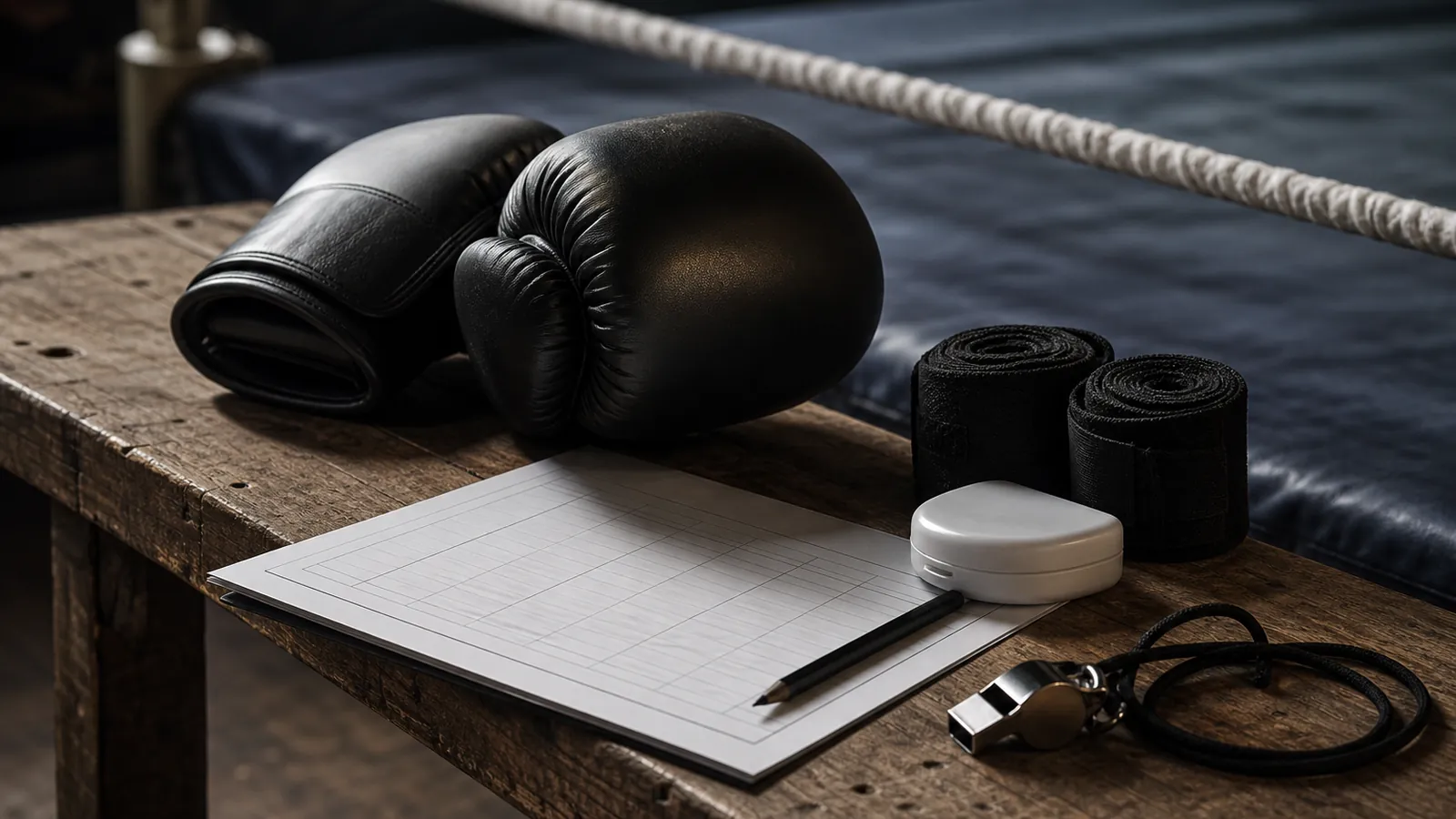Boxing gloves, wraps, whistle and scorecard representing referee judgement