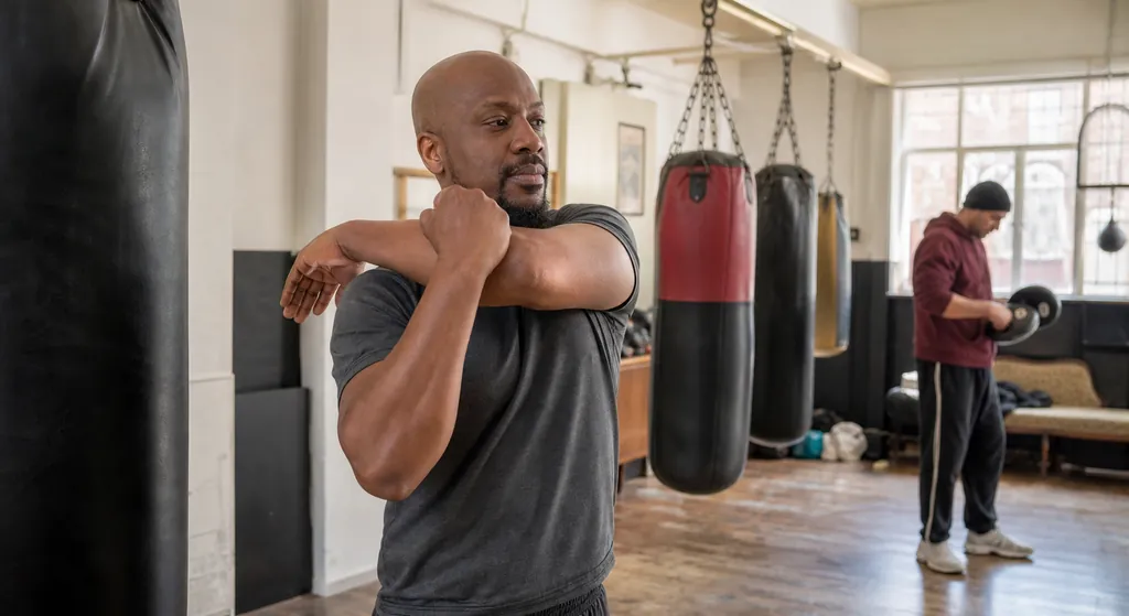 Adult beginner boxer warming up the shoulder and upper back before a coached boxing class