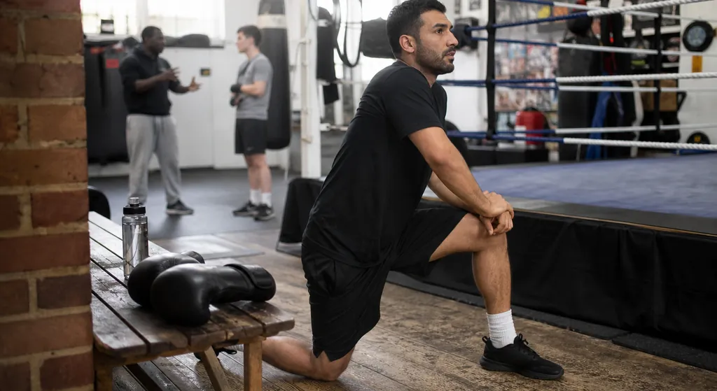 Recreational boxer using a gentle hip mobility position after training beside the ring