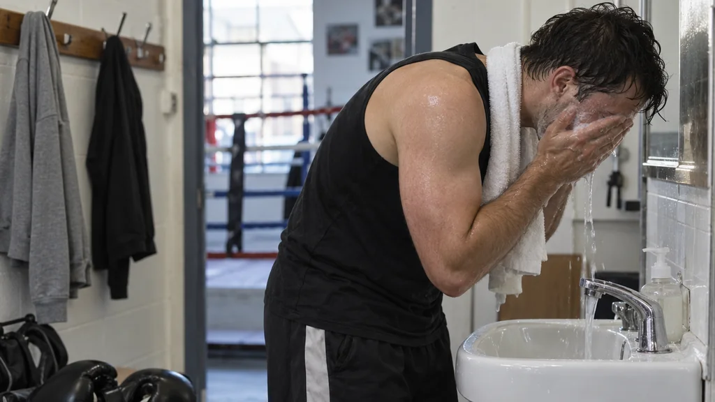 Adult recreational boxer washing hands and face at a gym washbasin after a non-contact training session