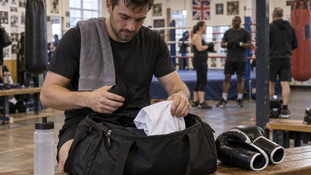 Adult recreational boxer packing clean clothes, towel and rolled hand wraps after training while boxing gloves are left open to air