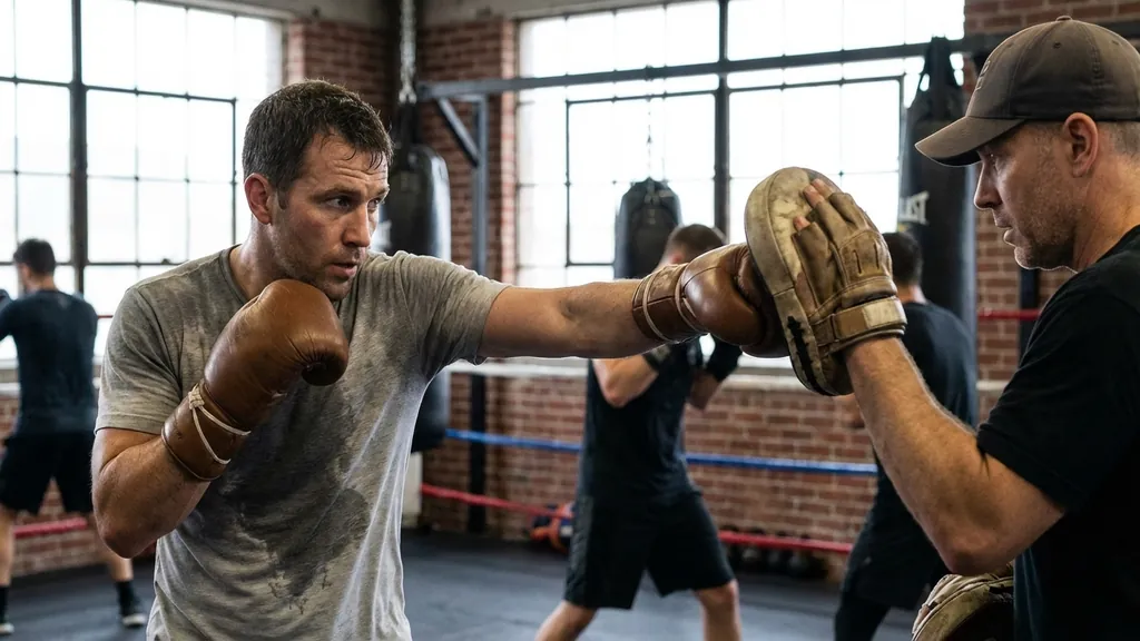 Beginner boxer working pads with a coach in a bright boxing gym, building hand-eye coordination and timing