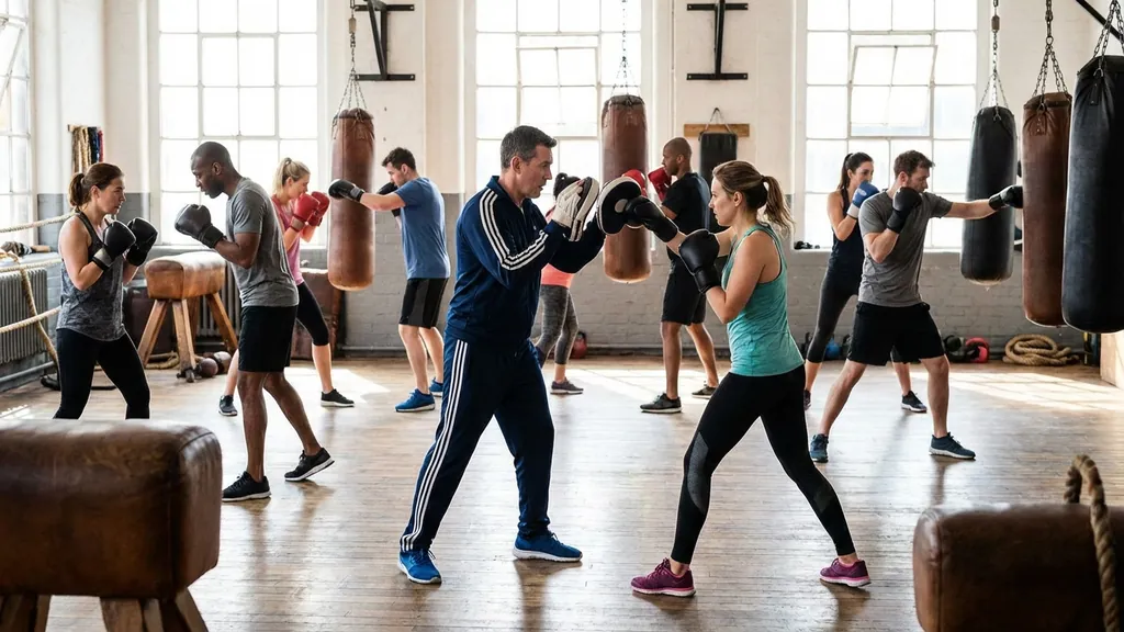 Recreational adults boxing class with coach-led mitt drills, showing focus, rhythm and improved movement quality