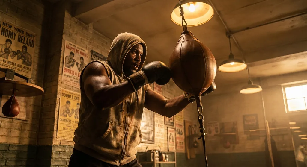 Boxer practising jab on a double end bag in a dark boxing gym with gold lighting