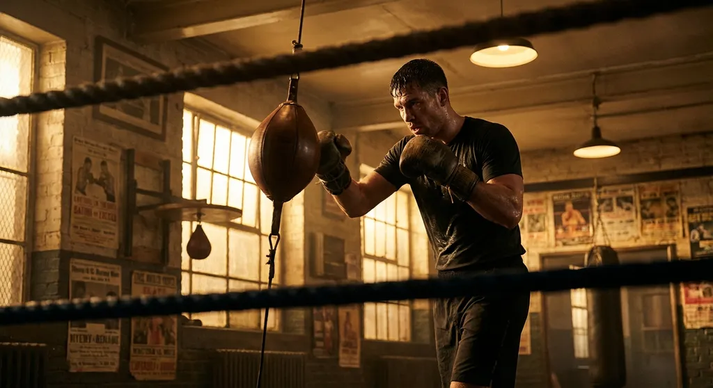 Side-on view of a boxer slipping a punch then counter-attacking at a double end bag, dramatic black and gold boxing gym lighting
