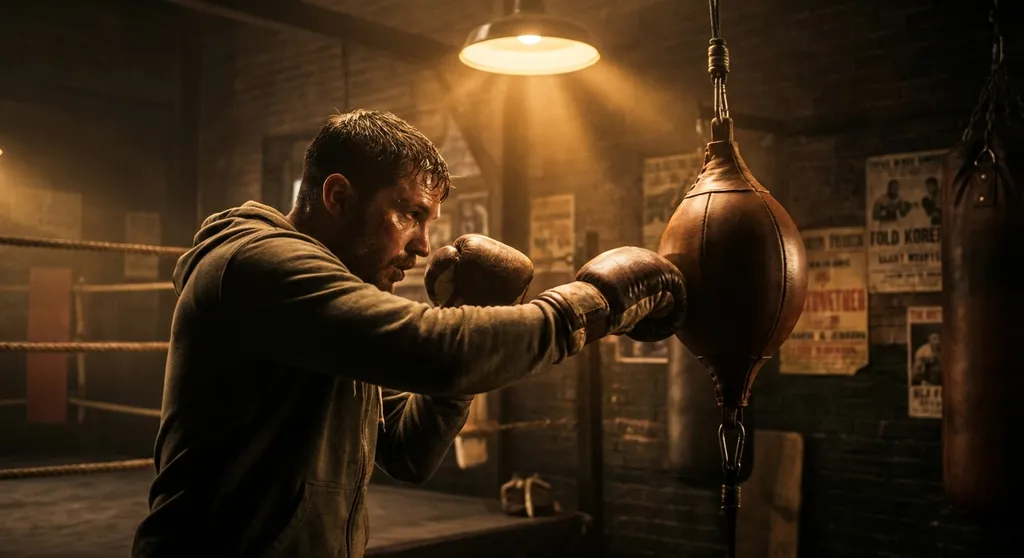 Close-up of a boxer's gloved hand making precise contact with a double end bag, sharp focus, dark background with gold lighting