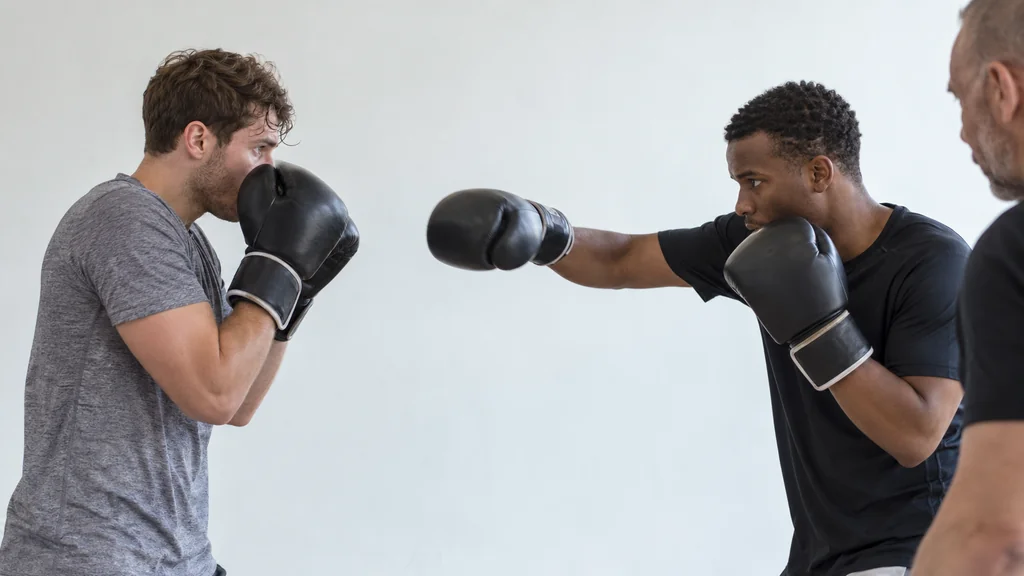 Anonymous adult boxer using a controlled double jab on plain focus mitts while keeping the rear glove close to the cheek