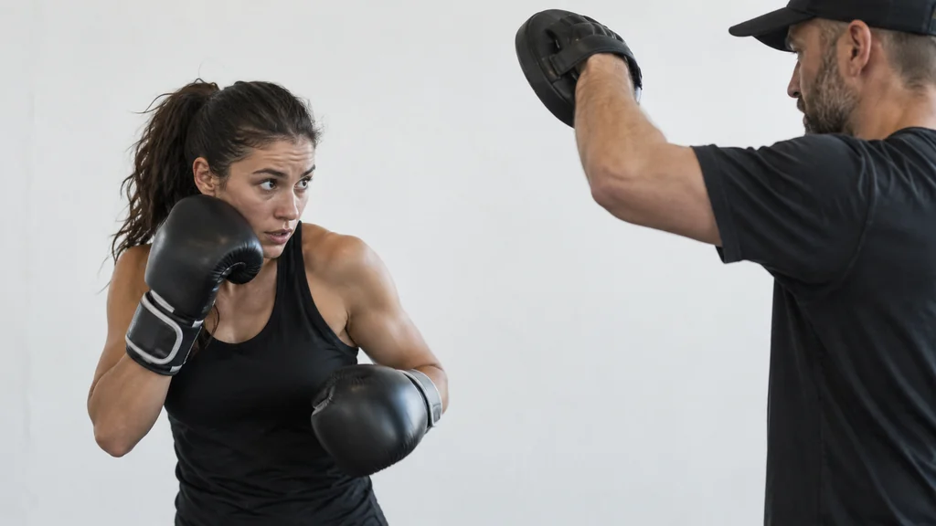 Two anonymous adult boxers using a light double-jab and guard-reset partner drill under coach supervision