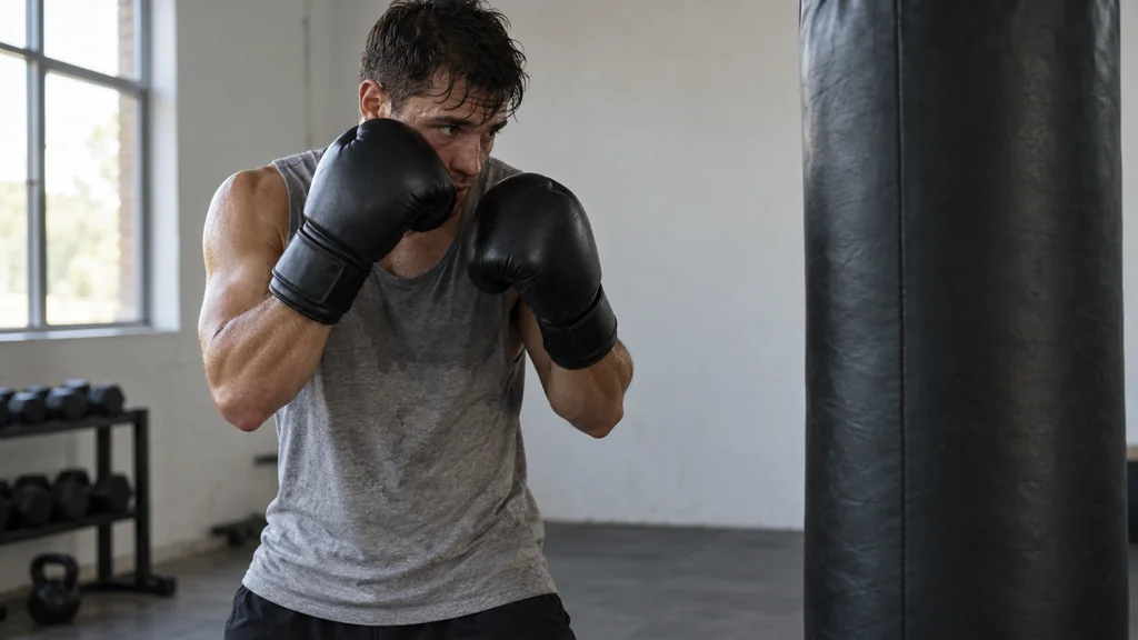 Anonymous adult boxer beside a plain heavy bag returning to a high guard after a compact overhand drill