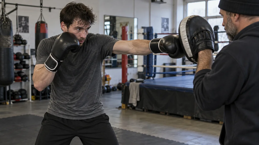 Adult boxer measuring range with a relaxed lead jab to a coach-held mitt in an unbranded community boxing gym