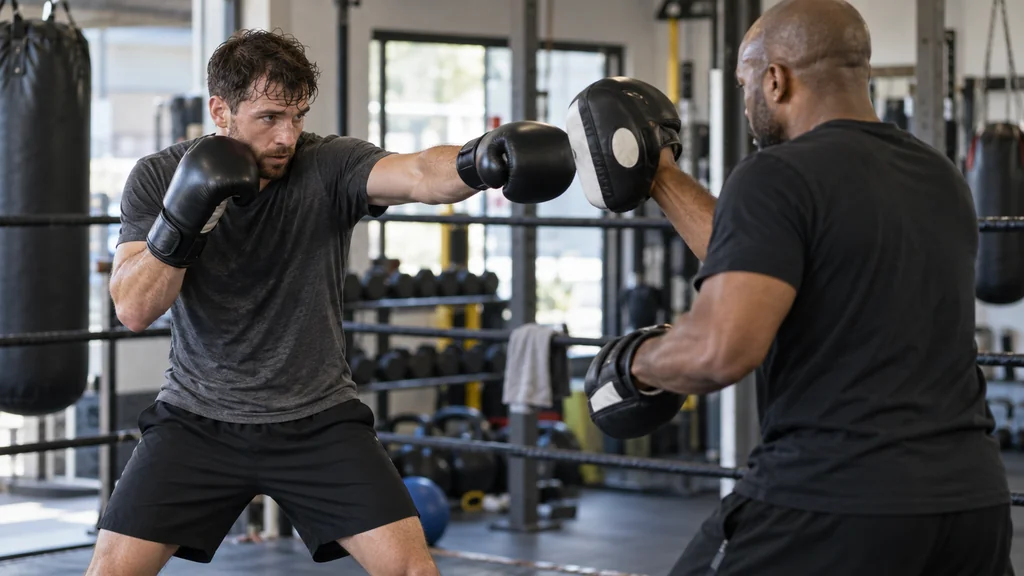 Coach giving an adult recreational boxer a second mitt cue after a measured double-jab drill in a plain boxing gym