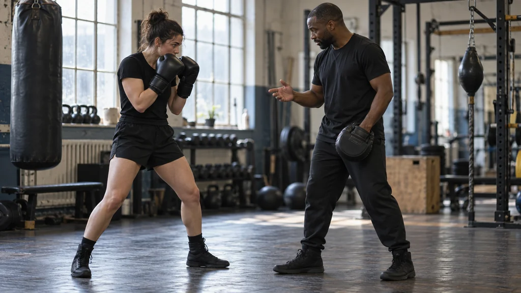 Adult recreational boxer resetting into a balanced guard while a coach checks stance after a controlled double-jab drill