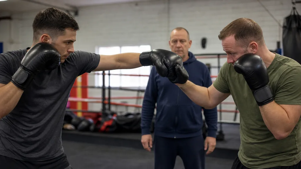 Adult boxer practising a compact lead-hand defensive position with a coach-held mitt in a community boxing gym