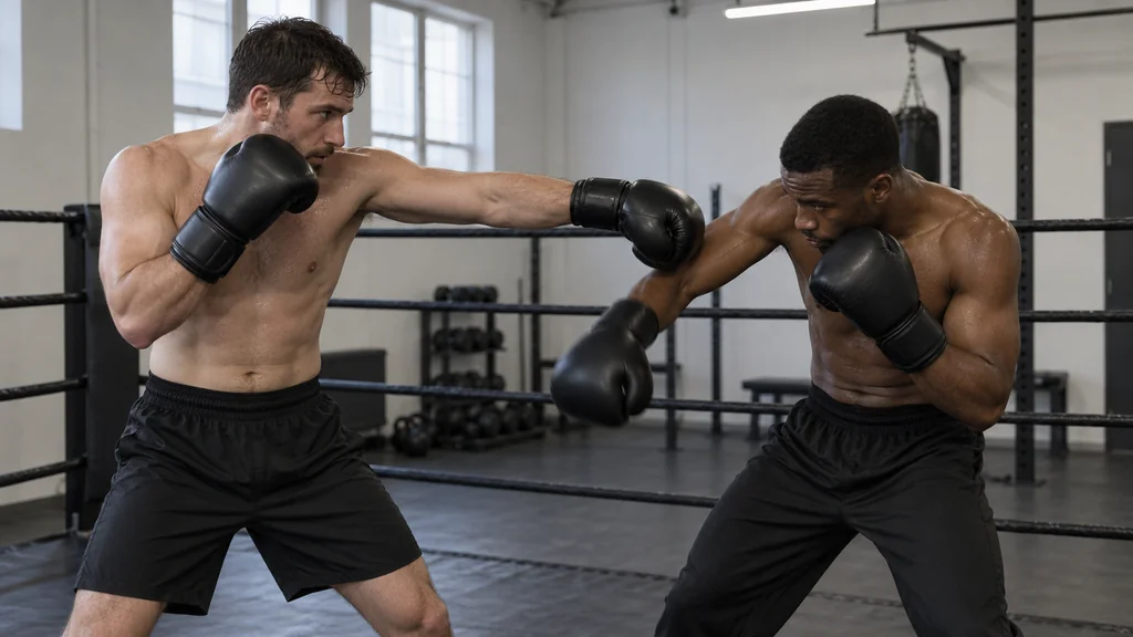 Two adult boxers practising a slow lead-hand parry and guarded reset during a controlled technical drill in an unbranded boxing gym