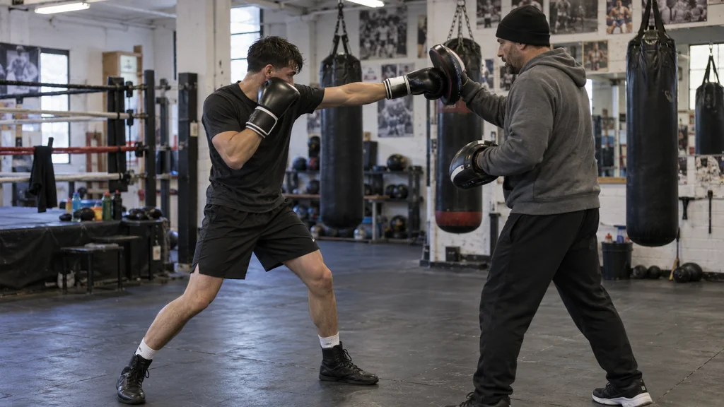 Adult boxer landing a controlled single jab on a coach-held mitt while keeping the non-punching hand tight to guard in a modest boxing gym