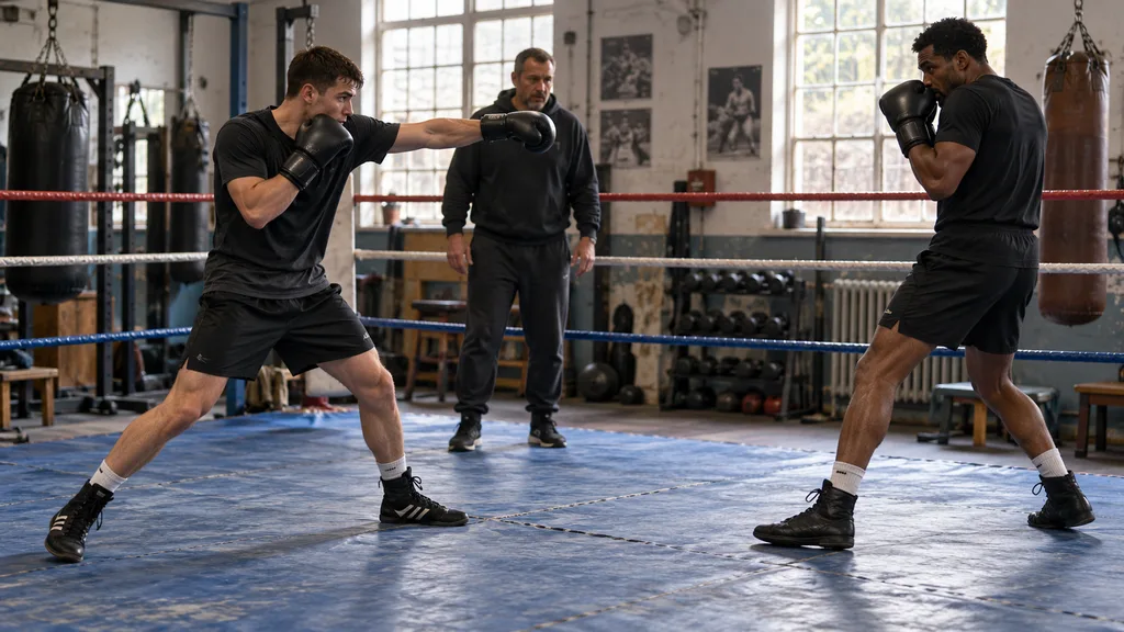 Illustration of two anonymous adult boxers practising jab distance under a coach's supervision