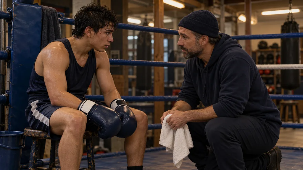 Illustration of a coach listening to an anonymous adult boxer between training rounds, with a towel ready