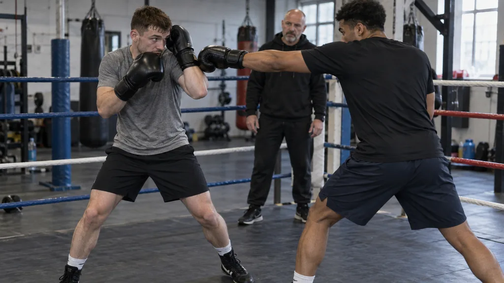 Coach supervising an adult recreational boxer using a small rear-elbow turn while the lead hand remains ready to jab