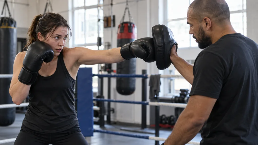 Two anonymous adult boxers practising a controlled elbow-parry and jab-return drill with a coach-held focus mitt