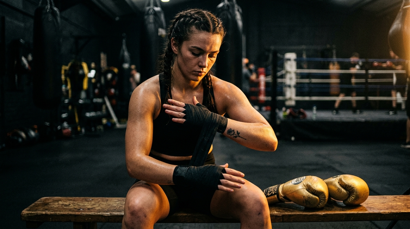 A young British female boxer wrapping her hands before training in a dark professional gym with gold lighting