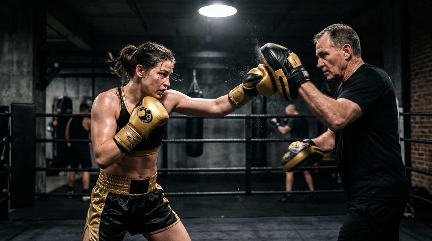 A female boxer doing pad work with her trainer in a dark professional boxing gym, golden gloves making contact with pads