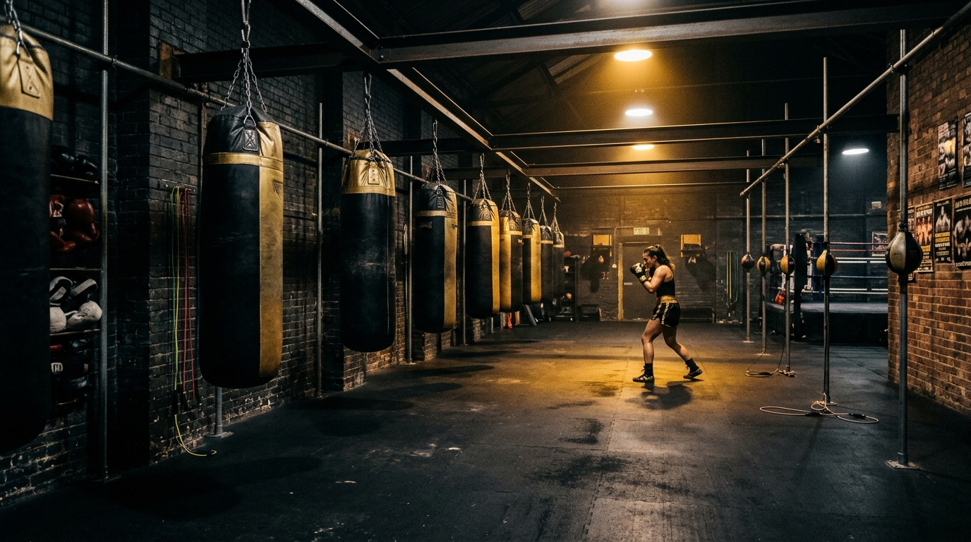 A dark boxing gym interior with heavy bags hanging under dramatic golden spotlights, a female boxer shadow boxing in the background