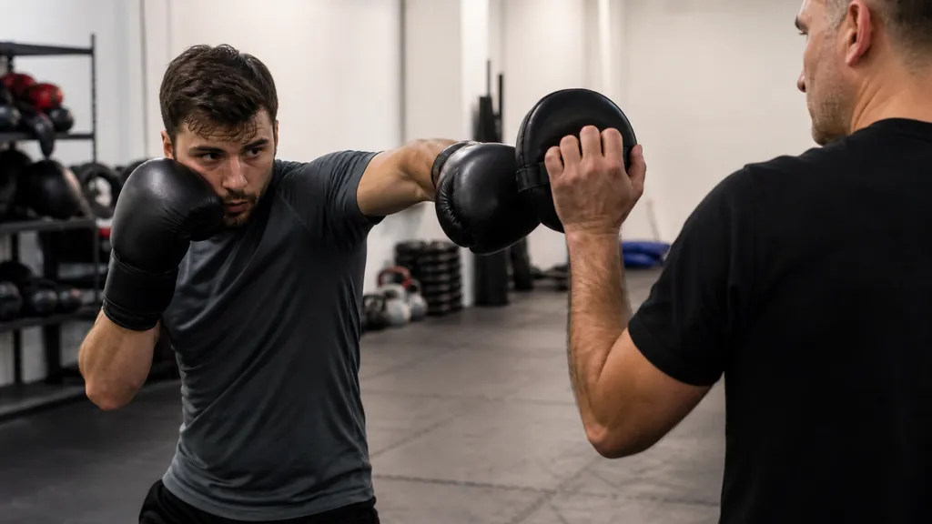 Adult boxer keeping the rear glove high while practising controlled lead-hand range work on a focus mitt
