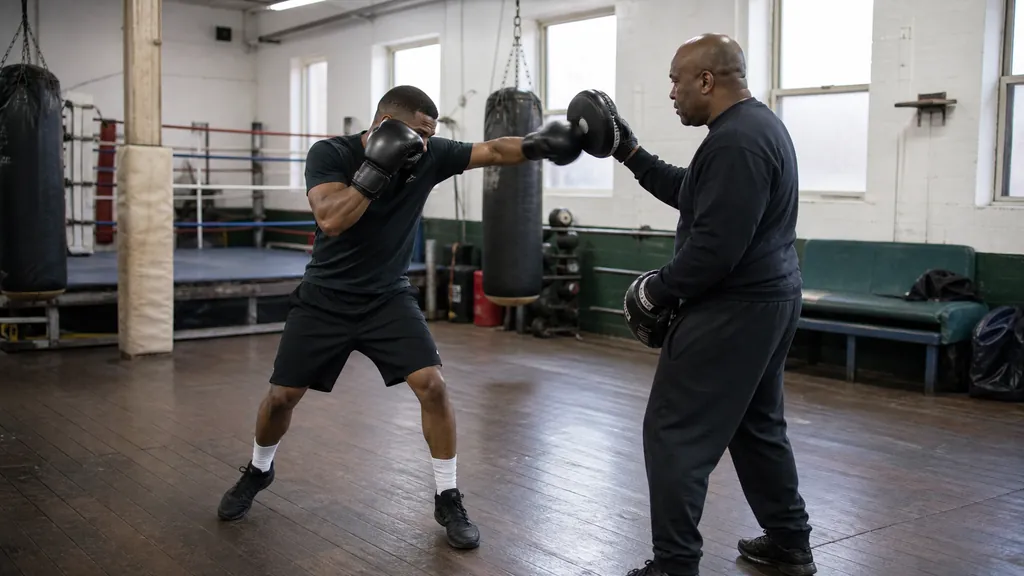 Boxer and coach practising a controlled lead-hand distance drill with a balanced guard in a modest boxing gym