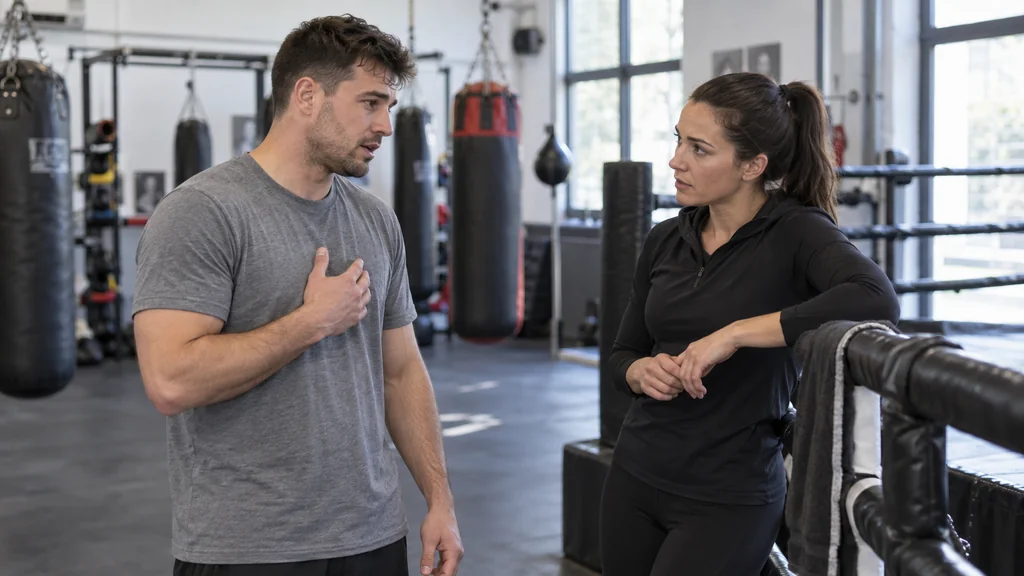 Adult beginner pauses training to speak with a boxing coach beside the ring