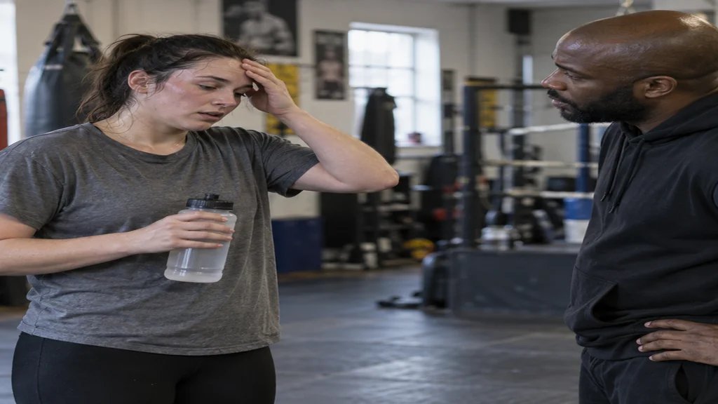 Adult beginner tells a coach they feel unwell before returning to a lighter boxing drill