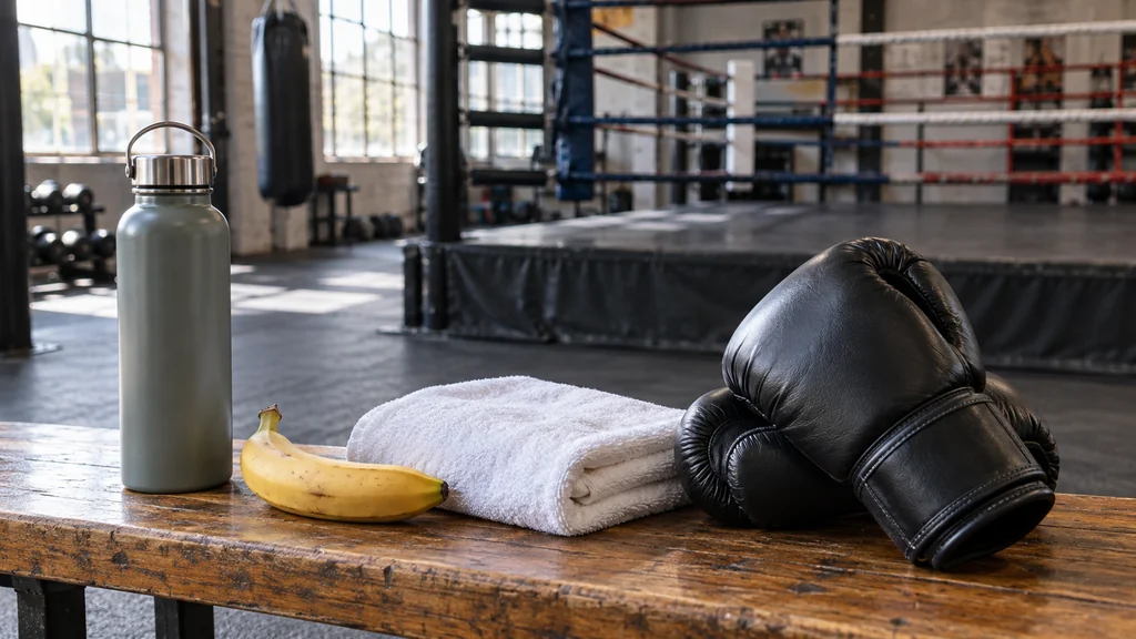 Water bottle, banana, towel and boxing gloves prepared for a training session