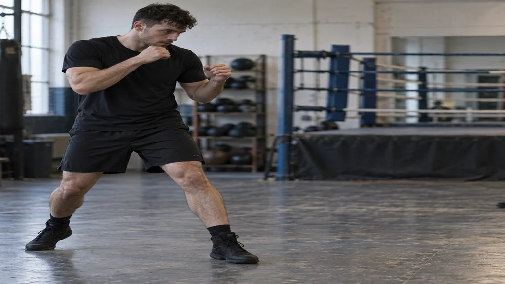 Adult recreational boxer uses a calm shadowboxing reset while a coach watches from a distance